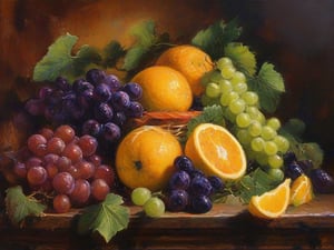 Oranges, apples, grapes, wine,
Still life oil painting, utilizing palette knife, masterpiece, ultra details, high resolution 