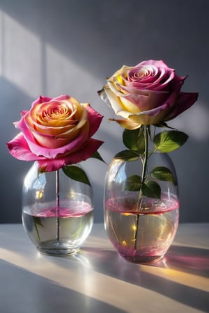 Two roses, one is pink, another is yellowish, are in one transparent glass vase with beautiful pattern, sunlight from window penetrate the vase, violent gray background 