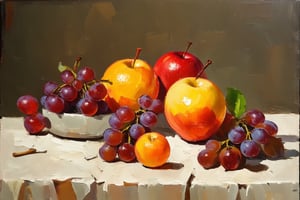 Oranges, apples, grapes, wine,
Still life oil painting, utilizing palette knife, masterpiece, ultra details, high resolution 