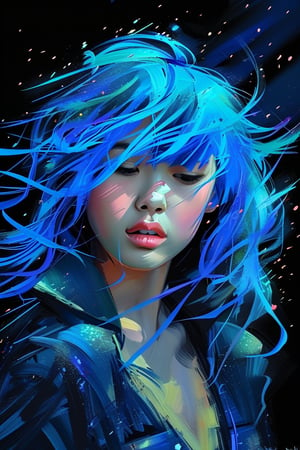 Create bold brush painting effects on the given image, especially on hair, like wind blowing a bunch of threads of hair, deform the hair style, add glittering spots, half closed eyes