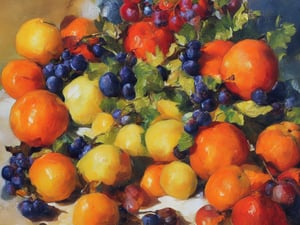 Oranges, apples, grapes, wine,
Still life oil painting, utilizing palette knife, masterpiece, ultra details, high resolution 