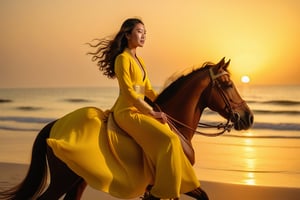 A serene sunset scene: a stunning young woman clad in a vibrant yellow suit with long sleeves sits comfortably on her majestic brown horse as it walks deliberately across the warm sandy beach. Like a Actress from Chinese martial arts movie, her dress is flying in the air, the gentle evening light casts a golden glow on the duo, show wild nature of sea, with the camera positioned at eye-level to capture the subtlety of the moment. 1 inch full frame sensor, Zeiss wide angle  lens' intimate framing, while an ISO of 200 and f/1.8 aperture yield a crisp, creamy texture. Shutter speed 1/250 sec freezes the tranquil movement. Spot metering,