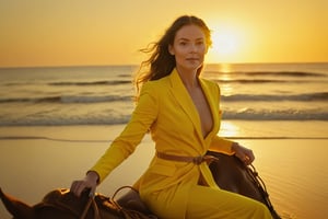 A serene sunset scene: a stunning young woman clad in a vibrant yellow suit with long sleeves sits comfortably on her majestic brown horse as it walks deliberately across the warm sandy beach. Like a Actress from super woman movie, her dress is flying in the air, the gentle evening light casts a golden glow on the duo, show wild nature of sea, with the camera positioned at eye-level to capture the subtlety of the moment. 1 inch full frame sensor, Zeiss wide angle  lens' intimate framing, while an ISO of 200 and f/1.8 aperture yield a crisp, creamy texture. Shutter speed 1/250 sec freezes the tranquil movement. Spot metering,
