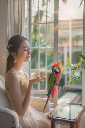 A serene beautiful Thai girl sits on easy chair,  as she tenderly reaches out with her left hand to pet a vibrant parrot perched on the window frame. Soft light rays emanate from behind her, casting a warm glow on her porcelain skin and illuminating the feathered friend. The window, positioned at her left side, provides a stunning backdrop of natural beauty, 