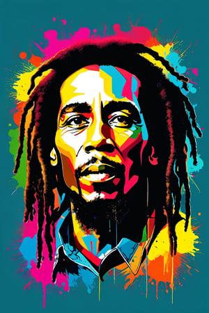 extreme quality, cg, detailed face+eyes, (bright colors), splashes of color background, colors mashing, paint splatter, complimentary colors, electric, neon, magical, (Bob Marley), impatient, (limited palette), synththwave, masterpiece, fine art, upperbody, Leonardo Style, Movie Still, vector art, illustration,vector art illustration