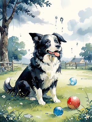 Generate a lively scene of a baby dog(border collie) eagerly starting to play just before the rain begins. The puppy should be depicted with an excited and alert expression, its tail wagging and ears perked up as it senses the impending raindrops. Show the puppy standing on a patch of grass, perhaps with a ball or toy nearby, ready to engage in a playful activity. Depict the sky darkening with storm clouds and a few raindrops starting to fall, creating a sense of anticipation and excitement in the air. Place the scene in a natural outdoor setting, with trees swaying in the wind and the scent of rain filling the air, adding to the overall ambiance of anticipation and excitement. Ensure that the image captures the puppy's enthusiasm and readiness to play, evoking a sense of energy and anticipation in the viewer.