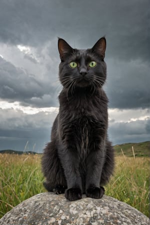 A futuristic cat's face with short, shiny black fur and piercing green eyes, sits atop a stone. Whiskers slightly twitching, the feline gazes directly at the viewer, exuding an air of cool confidence. The camera frames the subject from a low angle, emphasizing its grassland surroundings with low heavy grey clouds.