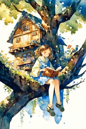 A wooden house in a tree,The sun is shining,A girl was dressed very warmly and comfortably. She was sitting on a high place with her feet hanging down, reading a book, and wearing soft-soled shoes. Flowers,bird,watercolor (medium),glow,watercolor \(medium\)