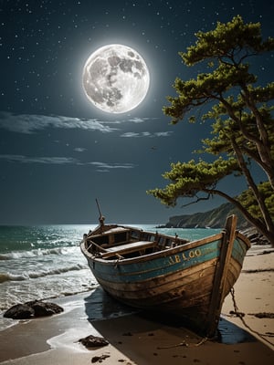 Ultra close-up portrait of an old fishing boat, abandoned and stranded in the waters of a deserted and wild beach at night, a big moon illuminates and reflects in the sea, surrounding rocks and trees, seagulls and birds flying, the boat is worn and worn with Time lapse, vegetation cover, sandy beach, seaside waves, fantasy atmosphere, mystery and dreams, dramatic lighting, perfect image frame, movie poster style, oil painting, vintage photo style, Van Gogh style, Caravaggio, Greg ·Rutkovsky style