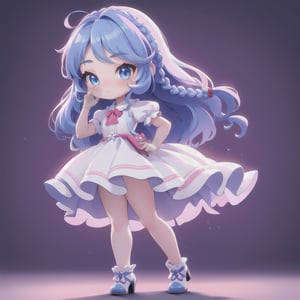 (Best Quality, 8K, Extraordinary Details, Masterpiece), (Highly Realistic, PhotorealisticMasterpiece, best qualityMasterpiece, best quality, 1 solo chibi girl, long hair, depressed, pouting, red face, tone, blue eyes, sparkling blue hair, dressed in a white dress, very long hair, mouth closed, standing, full body, braids, short sleeves, high heels, socks, hands raised, floor gray back, double braid, white dress, outdoor backdrop, flowers, sky, sunlight