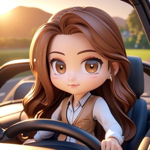 (Best Quality, 8K, Extraordinary Details, Masterpiece), (Highly Realistic, Photorealistic) A lovely young woman with mesmerizing brown eyes and long sparkling hair. A young girl in a cute work outfit has a unique driving pose, driving a car and being cute. Very hasty behavior The background is a Chibi character driving in the morning.