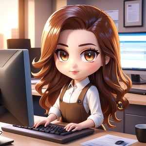 (Best Quality, 8K, Extraordinary Details, Masterpiece), (Highly Realistic, Photorealistic) A lovely young woman with mesmerizing brown eyes and long sparkling hair. A cute girl in a working outfit looks like she's typing work on a computer. Chic and unique Very hasty behavior The background is an office room. In the morning Chibi characters