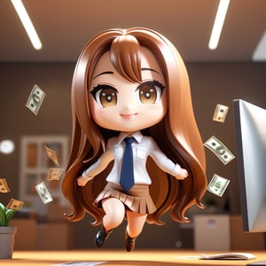 (Best quality, 8K, extraordinary details, masterpiece), (no matter how much, as special as a photograph) A lovely person with inviting brown eyes and long shiny hair, a super cute business girl.. . Jumping with joy and holding money Stylish and unique, apparently an office space for displaying chibi characters.3D