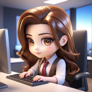 (Best Quality, 8K, Extraordinary Details, Masterpiece), (Highly Realistic, Photorealistic) A lovely young woman with mesmerizing brown eyes and long sparkling hair. A cute girl in a working outfit looks like she's typing work on a computer. Chic and unique Very hasty behavior The background is an office room. In the morning Chibi characters