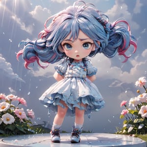 (Best Quality, 8K, Extraordinary Details, Masterpiece), (Highly Realistic, PhotorealisticMasterpiece, best qualityMasterpiece, best quality, Masterpiece, best quality, Masterpiece, best quality Masterpiece, best quality 1 chibi,SD, girl, single Body shape: big head, small body, short legs, short sleeves, cute, long hair, posture
Crying, disappointed, pouting, red face, tears in the eyes, blue eyes, sparkling blue and pink hair, dressed in white, very long hair, mouth closed, standing, full body, braids, short sleeves, high heels, socks, hands raised, gray background, double braids, white dress. Backdrop, outdoor, flowers, sky, sunlight, chibi, Disney Pixar style