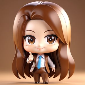 (Best quality, 8K, extraordinary details, masterpiece), (no matter how much, as special as in the picture) Cute person with inviting brown eyes and long shiny hair, super cute business girl. .. Thumbs up and winks, tilts his head like an office fit for a chibi character.3D