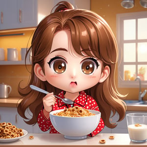 (Best Quality, 8K, Extraordinary Details, Masterpiece), (Highly Realistic, Photorealistic) A lovely young woman with mesmerizing brown eyes and long sparkling hair. Young girl in cute pajamas eating cereal and milk The expression of chewing on the cheek is unique and cute. The background is the chibi character's kitchen in the morning.