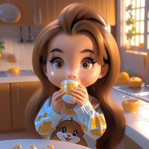 (Best Quality, 8K, Extraordinary Details, Masterpiece), (Highly Realistic, Photorealistic) A lovely young woman with mesmerizing brown eyes and long sparkling hair. Young girl in cute pajamas eating cereal and milk The expression of chewing on the cheek is unique and cute. The background is the chibi character's kitchen in the morning.