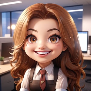 (Best Quality, 8K, Extraordinary Details, Masterpiece), (Highly Realistic, Photorealistic) A lovely young woman with mesmerizing brown eyes and long sparkling hair. A girl in a very cute working outfit. She laughs with her mouth wide and tears flowing. Her behavior makes her laugh until her stomach hurts. And there is a confused mark. The background is an office room. In the morning chibi characters 1D