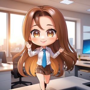 (Best Quality, 8K, Extraordinary Details, Masterpiece), (Highly Realistic, Photorealistic) A lovely young woman with mesmerizing brown eyes and long sparkling hair. A girl in a very cute working outfit, waving goodbye to running behavior and smiling in front of the office. In the morning chibi characters