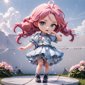 (Best Quality, 8K, Extraordinary Details, Masterpiece), (Highly Realistic, PhotorealisticMasterpiece, best qualityMasterpiece, best quality, Masterpiece, best quality, Masterpiece, best quality 1 chibi,SD, girl, single Body shape: big head, small body, short legs, short sleeves, cute, long hair, posture
Disappointed expression, pouting, red face, tone, blue eyes, sparkling blue and pink hair, dressed in white, very long hair, mouth closed, standing, full body, braids, short sleeves, high heels, socks, hands raised, gray background, double braids, white dress, backdrop. outdoors flowers sky sunlight chibi disneypixar style,chibi,TEIO TEIO,Retro Art-style 