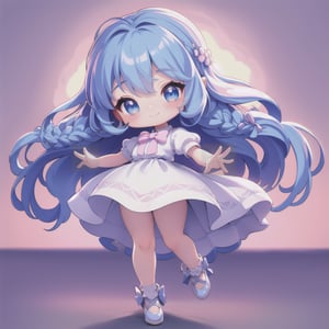 (Best Quality, 8K, Extraordinary Details, Masterpiece), (Highly Realistic, PhotorealisticMasterpiece, best quality, 1 chibi girl, solo, long hair, looking at viewer, blush, smile, bangs, blue eyes, sparkling blue hair, dress, white dress, very long hair, closed mouth, standing, full body, braid, short sleeves, high heels, socks, hands raised, floor gray back, bow tie, double braid, white dress, outdoors, flowers, sky, sunlight  