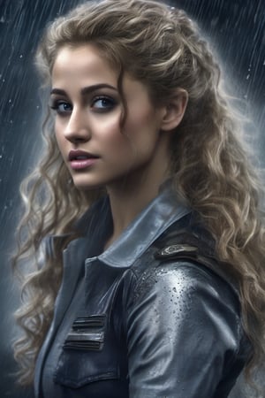 Beautiful girl, ((Resident Evil)), daughter of Alcina Dimitrescu ((Ariana Grande)), female, pale grayish skin, blonde curly wavy hair ((not in a ponytail)) , jewelry, vampire with Cadou implanted, Dimitrescu on forehead like her sisters, raining, ((closeup)), movie scene, freckles, detailed, hdr, high quality, movie still, detail,ADD MORE DETAIL