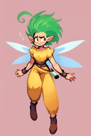 score_9, score_8_up, score_7_up BREAK 1girl, solo focus, source_anime, BREAK simple background, pink background
1girl, solo, fairy, green hair, short hair, ahoge, wings, pointy ears, belt, yellow shirt, yellow pants, wrist guards,