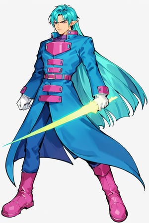 score_9, score_8_up, score_7_up, masterpiece, best quality, absurdres, BREAK 
1boy, solo, simple background, white background, full body, long hair, aqua hair, bangs,blue coat, longcoat, long sleeves,white gloves, pointy ears,holding weapon, energy sword, pink boots, cowboy shot