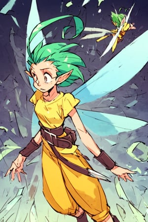 score_9, score_8_up, score_7_up BREAK 1girl, solo focus, source_anime, BREAK
1girl, solo, fairy, green hair, short hair, ahoge, wings, pointy ears, belt, yellow shirt, yellow pants, wrist guards,sgStyle