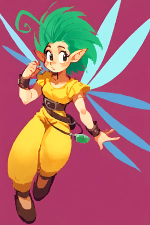 score_9, score_8_up, score_7_up BREAK 1girl, solo focus, source_anime, BREAK simple background, pink background
1girl, solo, fairy, green hair, short hair, ahoge, wings, pointy ears, belt, yellow shirt, yellow pants, wrist guards,