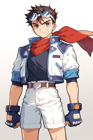 score_9, score_8_up, score_7_up, source_anime, best quality, masterpiece, 5_fingers, BREAK
simple background, gradient background, cowboy shot
1boy, solo, white jacket, cropped jacket, red scarf, black shirt, goggles, goggles on head, blue eyes, fingerless gloves, white shorts, kneepads