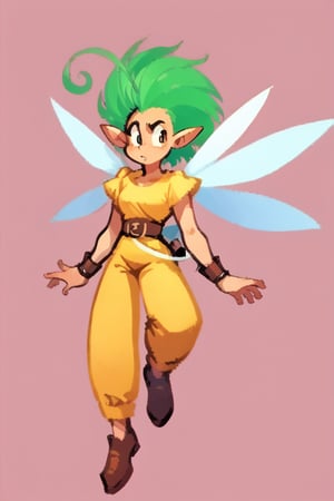 score_9, score_8_up, score_7_up BREAK 1girl, solo focus, source_anime, BREAK simple background, pink background
1girl, solo, fairy, green hair, short hair, ahoge, wings, pointy ears, belt, yellow shirt, yellow pants, wrist guards,