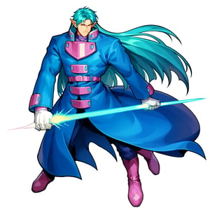 score_9, score_8_up, score_7_up, masterpiece, best quality, absurdres, BREAK 
1boy, solo, simple background, white background, full body, long hair, aqua hair, bangs,blue coat, longcoat, long sleeves,white gloves, pointy ears,holding weapon, energy sword, pink boots, cowboy shot