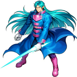 score_9, score_8_up, score_7_up, masterpiece, best quality, absurdres, BREAK 
1boy, solo, simple background, white background, full body, long hair, aqua hair, bangs,blue coat, longcoat, long sleeves,white gloves, pointy ears,holding weapon, energy sword, pink boots, cowboy shot