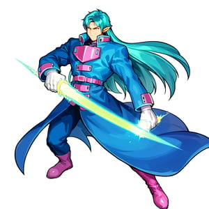 score_9, score_8_up, score_7_up, masterpiece, best quality, absurdres, BREAK 
1boy, solo, simple background, white background, full body, long hair, aqua hair, bangs,blue coat, longcoat, long sleeves,white gloves, pointy ears,holding weapon, energy sword, pink boots, cowboy shot