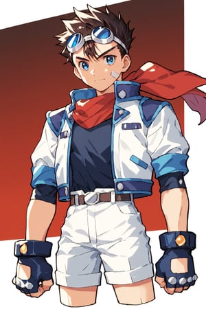 score_9, score_8_up, score_7_up, source_anime, best quality, masterpiece, 5_fingers, BREAK
simple background, gradient background, cowboy shot
1boy, solo, white jacket, cropped jacket, red scarf, black shirt, goggles, goggles on head, blue eyes, fingerless gloves, white shorts, kneepads