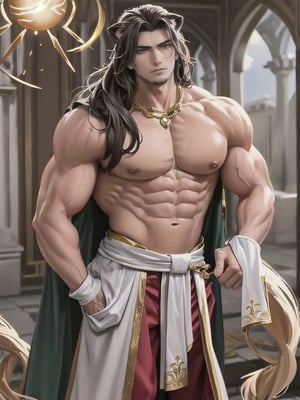 He is a towering man in his mid-twenties, his long light brown hair is reminiscent of a lion's mane and falls over his broad shoulders and past his back. His dark brown eyes are piercing and often hold a spark of determination. Valerian's skin is tanned from spending countless hours training in the sun-drenched courtyard of the palace, and he carries himself with an air of authority and grace. He dresses impeccably in fine silks and velvet, adorned with gold and jewels that reflect the light of the sun, symbolizing his devotion to Leo the Resplendent. His muscular build suggests a life of hard work and physical training, and his bearing exudes strength and power. 