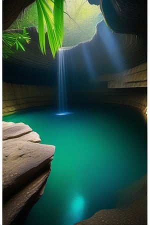 A majestic cenote, crystal-clear and utterly serene, lies hidden within a lush tropical jungle. The camera's ultra-sharp focus captures every intricate detail, from the rippling water's subtle texture to the surrounding foliage's rich hues. Muted colors and soothing tones evoke a sense of calm, as if time stands still amidst this natural sanctuary. indian girl 