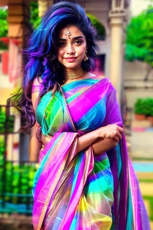 lovely cute young attractive indian teenage girl, big city girl, 18 years old, cute, an Instagram model, long black_hair, colorful hair, hot, dacing, wear pink saree ,Indian
