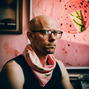 A moody closeup captures the pretentious gaze of a bald male artist, horned rimmed glasses perched on his forehead, tank top and pink bandana tied around his neck. The messy studio backdrop features abstract watermelon paintings in the soft glow of golden hour, with Leica M3's depth of field blurring the foreground. Dramatic lighting casts complex shadows, while expired film grain adds a gritty texture to this cursed image with a pronounced drop shadow.