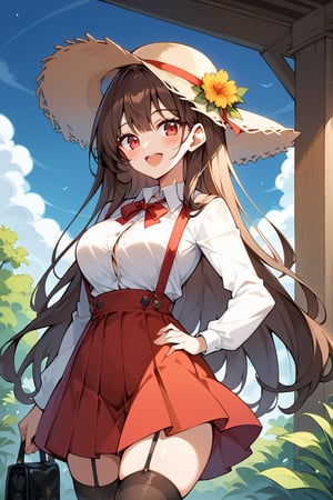 score_9,score_8_up,score_7_up, 1girl, solo, long hair, breasts, looking at viewer, blush, smile, open mouth, bangs, skirt, large breasts, brown hair, shirt, hair ornament, red eyes, thighhighs, long sleeves, hat, bow, ribbon, holding, very long hair, standing, white shirt, flower, :d, sidelocks, thighs, cowboy shot, pleated skirt, outdoors, frills, sky, day, collared shirt, black thighhighs, cloud, bag, tree, blue sky, zettai ryouiki, hand on hip, dress shirt, neck ribbon, buttons, red skirt, garter straps, suspenders, frilled skirt, sun hat, high-waist skirt, straw hat, hat flower, suspender skirt, button gap,pastelbg