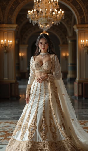 In the enchanting world of an Indian wedding, a radiant beauty dressed in a grandiose white saare with golden embroidery stands in the depths of the opulent wedding hall, engulfed in the enigmatic embrace of the dark shadows. The rich, velvety fabric of her attire billows around her, its lustrous sheen flickering against the intricately carved pillars and ornate chandeliers. Bold and boldly feminine, she poses, the Pop Art aesthetics of her densely embroidered garment striking a raw, vibrant contrast against the muted, abstract tones of the dimly lit surrounds. The energy of Graffiti and Street Art permeates the scene, those cubist lines creating a dreamlike perspective as she merges together with the vast, fluid splashes of Psychedelic color.