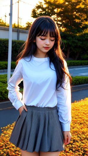 1girl, solo, long hair, skirt, shirt, black hair, long sleeves, closed eyes, white shirt, upper body, outdoors, parted lips, from side, lips, sunset