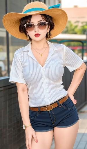 1girl, solo, short hair, shirt, black hair, hat, holding, jewelry, standing, short sleeves, cowboy shot, earrings, parted lips, shorts, striped, belt, indoors, necklace, hand on hip, blurry background, sunglasses, genderswap, genderswap \(mtf\), sun hat, watch, striped shirt, red lips, wristwatch, photo background