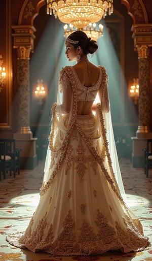 In the enchanting world of an Indian wedding, a radiant beauty dressed in a grandiose white saare with golden embroidery stands in the depths of the opulent wedding hall, engulfed in the enigmatic embrace of the dark shadows. The rich, velvety fabric of her attire billows around her, its lustrous sheen flickering against the intricately carved pillars and ornate chandeliers. Bold and boldly feminine, she poses, the Pop Art aesthetics of her densely embroidered garment striking a raw, vibrant contrast against the muted, abstract tones of the dimly lit surrounds. The energy of Graffiti and Street Art permeates the scene, those cubist lines creating a dreamlike perspective as she merges together with the vast, fluid splashes of Psychedelic color.