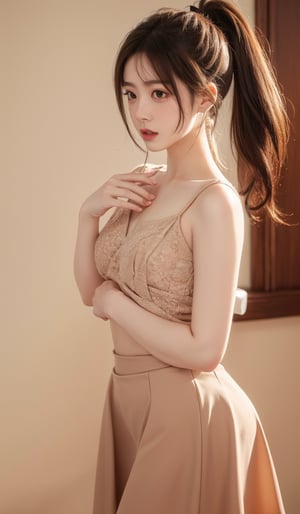 beautiful,Fleshy,HD resolution,rich details,rich colors,piaoliang,rich detailsrich colors,movie light,movie lens,movie special effects,extremely detailed details,rendering,HD,UHD,8K,wallpaper,1girl,solo,standing,(flat chest:1.2),xiaoyue,brown hair,brown eyes,ponytail,shirt,skirt,office lady,(cowboy_shot:1.2),
