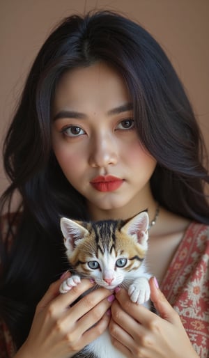 portrait of a girl name atika, full body in frame, round face, Indian bengali girl, Instagram influencer, black long hair, glossy juicy lips,blue eyes cute, kurti, 18-year-old girl, wearing casual clothes, on the couch at home, cuddling with super cute kitten, very innocent kitten in her hands