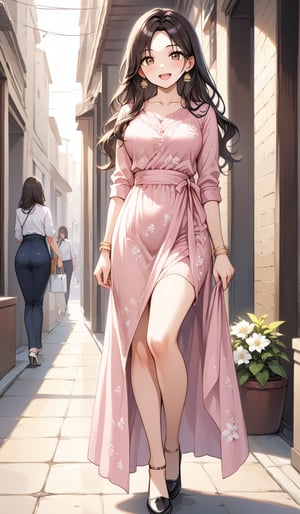 1girl, long hair, breasts, looking at viewer, blush, smile, open mouth, bangs, skirt, simple background, brown hair, shirt, black hair, long sleeves, white background, holding, brown eyes, jewelry, medium breasts, standing, full body, white shirt, flower, :d, earrings, black skirt, bag, black footwear, high heels, bracelet, parted bangs, wavy hair, floral print, plant, white flower, pink flower, high-waist skirt, handbag, shirt tucked in, holding bag