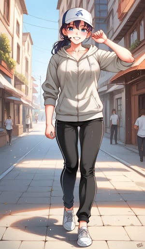 Perfectly Detailed, (masterpiece1.2), (Ultra HDR quality), (((hyper-realistic))), (((full-body_portrait))) of a sinfully beautiful 20yo indonesian woman, sole_female, brown_hair, long_ponytail,  flowing hair, silky hair,toned_female, symmetrical iris, biceps, muscular_body,Wearing an oversized pullover hoodie, , sporty jogger pants, Bluetooth wireless headset, running shoes, hat, running pose, sweating, ((pov_eye_contact)), photogenic smile.
Doing marathon. sunnyday, clear sky, depth_of_field, Adobe color grading, full_body, 130mm lens.,Sexy Muscular,fate/stay background,blurry_light_background.,perfect,perfecteyes,Makeup,flower4rmor,Flower